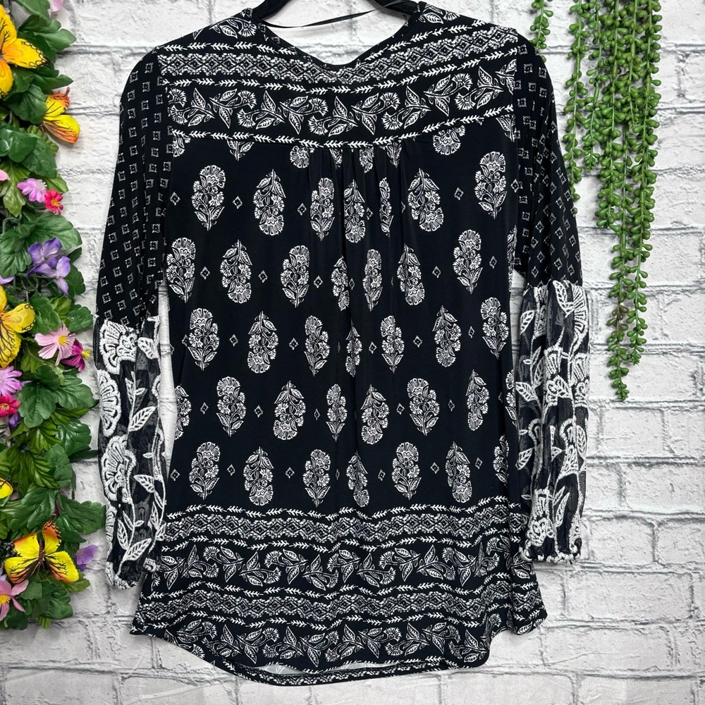 b🌼3/$30🌼Style & Co Black Printed Long Sleeve Blouse Size Small - Picture 12 of 16